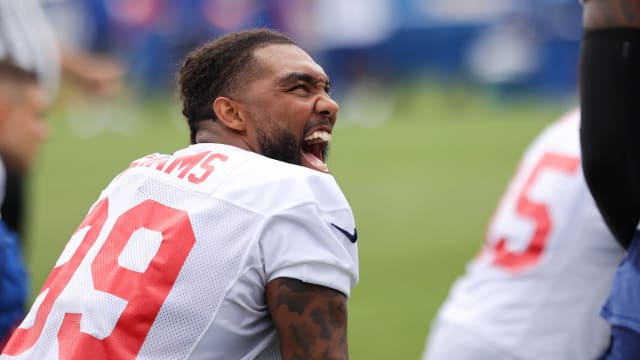 Jul 29, 2022; East Rutherford, NJ, USA; New York Giants defensive lineman Leonard Williams (99) laughs during training camp at Quest Diagnostics Training Facility.